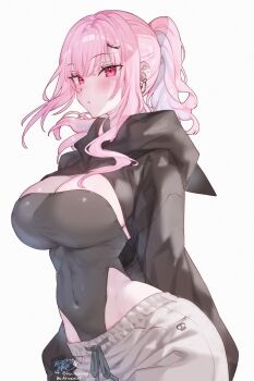 1girl absurdres artist_name black_hoodie black_leotard blush breasts cleavage closed_mouth covered_navel earclip earrings hair_between_eyes hair_ornament hairclip highres hololive hololive_english hood hoodie jewelry kamiya_maneki large_breasts leotard long_hair long_sleeves mori_calliope pants pink_eyes pink_hair ponytail signature simple_background skull_earrings skull_print sleeves_past_fingers sleeves_past_wrists solo twitter_username virtual_youtuber white_background white_pants