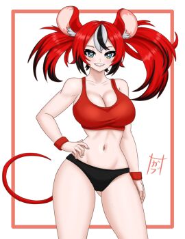 1girl absurdres animal_ear_fluff animal_ears aqua_eyes black_hair black_panties blush border breasts bright_pupils cleavage collarbone commentary cowboy_shot english_commentary eyelashes fingernails grin hakos_baelz hand_on_own_hip highres hololive hololive_english long_hair majin_gabuu mouse_ears mouse_girl mouse_tail multicolored_hair navel panties red_hair red_sports_bra sharp_teeth simple_background smile solo sports_bra stomach sweat tail teeth twintails underwear virtual_youtuber white_background white_hair white_pupils wristband