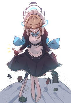1girl apron bare_shoulders black_gloves black_lagoon blonde_hair blue_archive blue_bow blue_bowtie blue_eyes blue_ribbon bow bowtie braid closed_mouth commentary_request cosplay curtsey detached_sleeves dot_nose explosive fingerless_gloves full_body giorgio_(yo_sumire_sola1) gloves grenade gun hair_intakes hair_ribbon halo headset highres holding_own_dress looking_at_viewer maid maid_apron maid_headdress medium_hair ribbon roberta_(black_lagoon) roberta_(black_lagoon)_(cosplay) scene_reference shoes simple_background smile socks solo standing stun_grenade toki_(blue_archive) v weapon white_background white_shoes white_socks