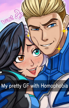 1boy 1girl :d aqua_eyes black_hair blonde_hair blue_eyes brown_eyes chin_rest commentary couple english_commentary english_text fantastic_four grin head_on_head head_rest hetero heterochromia highres johnny_storm looking_at_another looking_at_viewer luna_snow marvel marvel_rivals multicolored_hair neggoartz open_mouth short_hair smile sparkle sweatdrop two-tone_hair upper_body white_hair
