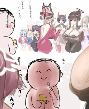 1boy 6+girls ^_^ ahoge back bare_back black_dress black_hair blue_archive breasts brown_hair cherino_(blue_archive) closed_eyes commentary_request doodle_sensei_(blue_archive) dress eating food grey_hair halo highres horns hoshino_(blue_archive) index_finger_raised kisaki_(blue_archive) large_breasts makoto_(blue_archive) multiple_girls nagisa_(blue_archive) niya_(blue_archive) pink_hair purple_dress red_dress red_halo rio_(blue_archive) sensei_(blue_archive) shiming_liangjing simple_background small_breasts smile translation_request white_background white_halo