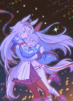 2girls ahoge animal_ears belt black_pantyhose blue_eyes blue_hairband blue_jacket blue_sailor_collar blue_skirt blush brooch closed_mouth ear_covers ear_ornament fang fingerless_gloves giragira_egao gloves grey_hair grey_tail hair_between_eyes hair_ornament hairband headband highres horse_ears horse_girl horse_tail hug jacket jewelry long_hair long_sleeves midriff multicolored_hair multiple_girls navel neckerchief oguri_cap_(starlight_beat)_(umamusume) oguri_cap_(umamusume) one_eye_closed open_mouth pants pantyhose pleated_skirt red_belt red_headband red_neckerchief sailor_collar shirt skirt smile star_brooch striped_clothes striped_hairband tail tamamo_cross_(umamusume) tamamo_cross_(with_lightning_speed)_(umamusume) umamusume umamusume:_cinderella_gray very_long_hair white_jacket white_pants