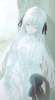1girl absurdres closed_eyes commentary_request dress hair_ribbon highres kasugano_sora long_hair petals ribbon sleeping sleeping_upright solo sorala_(artist) stuffed_animal stuffed_rabbit stuffed_toy very_long_hair white_dress white_hair yosuga_no_sora