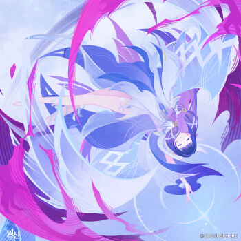 1girl absurdres aura bare_shoulders barefoot black_hair closed_eyes closed_mouth columbina_(genshin_impact) commentary_request dark_aura dress dynamic_pose eye_mask feathers feet floating genshin_impact head_wings highres long_hair mask multicolored_hair official_art pink_hair short_dress streaked_hair toes two-tone_hair upside-down very_long_hair white_dress white_wings wings