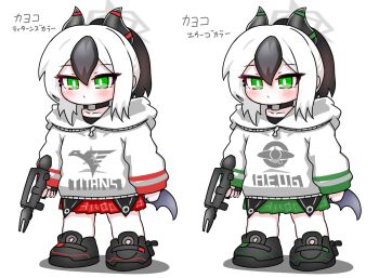 1girl aeug beam_rifle black_hair black_shoes blue_archive blush closed_mouth collarbone commentary_request emblem energy_gun gm_ii green_eyes green_skirt grey_wings gun gundam hair_between_eyes halo holding holding_gun holding_weapon hood hood_down hoodie horns kayoko_(blue_archive) logo long_sleeves low_wings multicolored_hair multiple_views plaid_clothes plaid_skirt pleated_skirt ponytail puffy_long_sleeves puffy_sleeves red_skirt science_fiction shadow shoes simple_background single_wing skirt sleeves_past_wrists titans_(gundam) tomimon translation_request two-tone_hair weapon white_background white_hair white_hoodie wings zeta_gundam