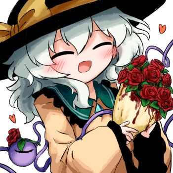 1girl :d black_hat blood blood_stain blush bouquet bow buttons closed_eyes diamond_button flower frilled_shirt_collar frilled_sleeves frills green_hair hat hat_bow heart heripantomorrow holding holding_bouquet komeiji_koishi medium_hair open_mouth red_flower red_rose rose shirt simple_background smile solo third_eye touhou upper_body white_background yellow_bow yellow_shirt