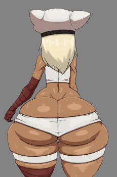 1girl arc_system_works ass ass_focus bandaged_arm bandages bare_shoulders blonde_hair butt_crack cowboy_shot cropped_shirt dark-skinned_female dark_skin female_focus grey_background guilty_gear guilty_gear_strive hat highres huge_ass long_hair micro_shorts n00b0d1 ramlethal_valentine shirt shorts simple_background sleeveless sleeveless_shirt solo standing thick_thighs thigh_gap thigh_strap thighs white_hat white_shirt white_shorts