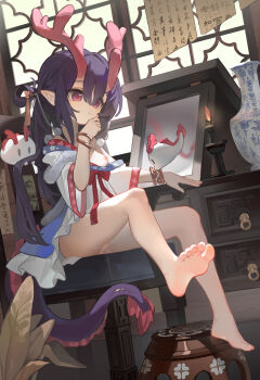 1girl absurdres ai_si_te_yisheng_tui architecture breasts calligraphy candle chair chinese_clothes chinese_text creature desk dragon_girl dragon_horns dragon_tail east_asian_architecture feet ghost hair_ornament hanfu highres horns indoors large_variant_set loli long_hair mirror nipples no_panties original pink_eyes pom_pom_(clothes) pom_pom_hair_ornament purple_hair pussy qinghua_(porcelain) sitting small_breasts soles solo stool tail variant_set vase