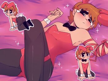 1boy animal_ears ass black_bow black_bowtie black_eyes black_pantyhose black_shoes blush bound bow bowtie bulge chibi chibi_inset commentary crossdressing crossdressing_(mtf) fake_animal_ears fake_tail hashtag-only_commentary leotard looking_at_viewer lying male_focus male_playboy_bunny multiple_views on_back on_bed orange_hair pantyhose pectoral_cleavage pectorals pleading_eyes rabbit_ears red_leotard red_ribbon ribbon ribbon_bondage scollacel0ver scott_pilgrim scott_pilgrim_(series) shoes short_hair tail tears thick_eyebrows wrist_cuffs