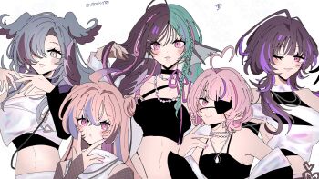 5girls :> :d :o ahoge artist_name black_hair blonde_hair blue_hair blush breasts cross-shaped_pupils enna_alouette eyepatch finana_ryugu fins hair_between_eyes hand_in_own_hair hashtag-only_commentary head_fins head_wings heart heart_ahoge highres jewelry linea_alba looking_at_viewer maria_marionette medium_breasts meloco_kyoran multicolored_hair multiple_girls navel necklace nijisanji nijisanji_en off_shoulder one_eye_closed open_mouth pink_eyes pink_hair pink_nails purple_eyes purple_hair purple_nails ringed_eyes sharp_teeth sideboob simple_background small_breasts smile streaked_hair syaru180 symbol-shaped_pupils teeth twitter_username v v_over_mouth virtual_youtuber white_background wings
