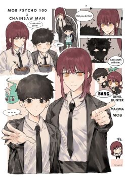 1boy 1girl aiming backpack bag black_eyes black_hair black_necktie bowl chainsaw chainsaw_man chibi chopsticks coat ekubo_(mob_psycho_100) english_text food highres holding holding_chopsticks hyeon_0613 kageyama_shigeo long_hair makima_(chainsaw_man) mob_psycho_100 necktie noodles orange_eyes pointing pointing_at_viewer ponytail ramen red_hair shirt speech_bubble udon white_shirt