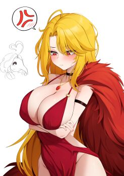 2girls absurdres ahoge anger_vein arm_strap arms_under_breasts bare_shoulders black_choker blonde_hair blush breasts choker cleavage closed_mouth commentary_request crossed_arms curtained_hair don_quixote_(project_moon) dress feather_boa gem groin hair_between_eyes hair_over_one_eye heart heart_ahoge highres huge_ahoge jewelry kisa_(leg3043) korean_commentary large_breasts limbus_company long_hair looking_ahead looking_down mask multiple_girls nail_polish nicolina_(project_moon) no_panties o-ring_dress parted_bangs pelvic_curtain pendant pink_nails project_moon red_dress red_eyes red_fur red_gemstone sancho_(project_moon) shorts side_slit side_slit_shorts sideboob sidelocks simple_background sleeveless sleeveless_dress solo_focus spoken_anger_vein spoken_blush standing sweatdrop swept_bangs thighs very_long_hair white_background