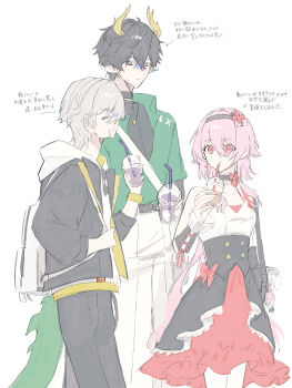 Rule 34 | 1girl, 2boys, 32c1ff, backpack, bag, bag charm, black choker, black hair, black hairband, black jacket, black overskirt, black pants, black shirt, caelus (honkai: star rail), caelus (world tour 2023) (honkai: star rail), character charm, charm (object), choker, closed eyes, commentary request, cowboy shot, cup, dan heng (alternate spacetime) (honkai: star rail), dan heng (honkai: star rail), dan heng (permansor terrae) (honkai: star rail), detached sleeves, disposable cup, dragon boy, dragon horns, dragon tail, dress, drinking straw, earclip, earrings, evernight (alternate spacetime) (honkai: star rail), evernight (honkai: star rail), eyeliner, eyewear hang, flower hairband, green eyes, green shirt, grey hair, hair between eyes, hairband, highres, holding, holding cup, honkai: star rail, honkai (series), hooded shirt, horns, jacket, jewelry, long hair, looking at viewer, makeup, march 7th (honkai: star rail), multiple boys, nail polish, official alternate costume, pants, pink hair, pointy ears, red dress, red eyeliner, red eyes, red nails, shirt, short hair, shoulder bag, single earring, sunglasses, tail, trailblazer (honkai: star rail), translation request, two-tone dress, unworn eyewear, very long hair, white background, white bag, white dress, white pants, white shirt, wristband, yellow horns, yellow pupils