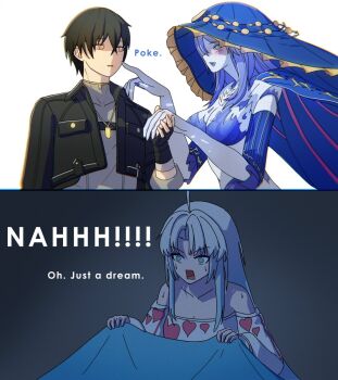 2girls bare_shoulders black_hair black_jacket blue_eyes blue_skin blue_veil breasts carlotta_(wuthering_waves) cheek_poking collarbone colored_skin commentary dorahdew english_commentary grey_shirt highres jacket large_breasts long_hair looking_at_another lorelei_(wuthering_waves) male_rover_(wuthering_waves) multiple_girls off-shoulder_shirt off_shoulder open_mouth paid_reward_available poking purple_hair rectangular_mouth rover_(wuthering_waves) shirt sideways_mouth smile sweat tacet_discord_(wuthering_waves) taking_another&#039;s_hand veil white_hair white_shirt wuthering_waves yellow_eyes