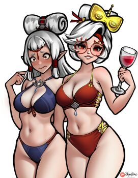 2girls aunt_and_niece bare_shoulders bikini blue_bikini blush breasts cleavage cup drinking_glass embarrassed glasses hair_ornament highres image_sample jackary large_breasts long_hair midriff multiple_girls navel nintendo paya_(zelda) pointy_ears purah red_bikini red_eyes seductive_smile sheikah short_hair smile swimsuit the_legend_of_zelda the_legend_of_zelda:_tears_of_the_kingdom thighs twitter_sample white_background white_hair wine_glass
