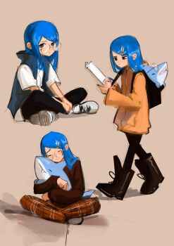 1girl absurdres backpack bag black_bag black_boots black_pants black_pantyhose blue_eyes blue_hair blue_vest boots brown_background brown_pants brown_sweater closed_eyes closed_mouth coat commentary english_commentary fang glasses guantanima_ii_(shadches72) highres holding holding_map hood hood_down hooded_coat hug in_bag in_container long_hair looking_at_map looking_at_viewer map monasterio_(shadches72) multiple_views open_mouth original pants pantyhose round_eyewear shadches72 shadow shark sharp_teeth shirt shoes short_sleeves smile sneakers sweater teeth vest walking white_shirt white_shoes yellow_coat