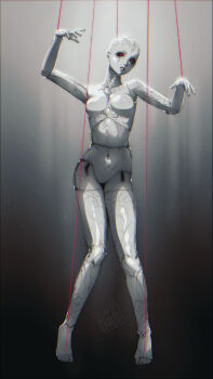 1girl absurdres bald bald_female black_sclera blackberreh-art breasts clown_makeup colored_sclera colored_skin commentary completely_nude design_speculation doll_joints english_commentary eyelashes highres joints lips makeup mannequin marionette navel nikola_orsinov nude puppet red_eyes red_lips the_magnus_archives white_skin