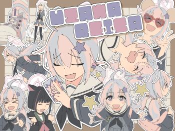 >_< 3girls :d absurdres ahoge animal_ears backpack bag black_hair black_neckerchief blue_archive blue_eyes blue_hair blue_jacket border brown_border card cat_ears character_name closed_eyes commentary dated_commentary drooling envelope glasses grey_serafuku grid_background hair_ornament halo heart heart-shaped_eyewear highres holding holding_bag holding_card holding_envelope jacket kazusa_(blue_archive) long_hair long_sleeves low_twintails mouth_drool multicolored_hair multicolored_shoes multiple_girls multiple_views neckerchief non_fable open_mouth outline outside_border pink_bag pink_hair pink_halo pointing pointing_at_viewer reisa_(blue_archive) running sailor_collar school_uniform serafuku shoes smile sneakers sparkling_eyes star_(symbol) star_hair_ornament star_halo suzumi_(blue_archive) tinted_eyewear twintails two-tone_hair v white_outline white_sailor_collar xd