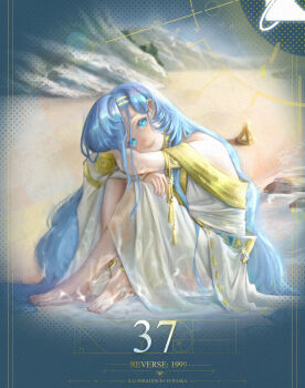 Rule 34 | 1girl, 37 (reverse:1999), absurdres, ancient greek clothes, arms on knees, bare shoulders, barefoot, beach, blue eyes, blue hair, character name, cliff, closed mouth, copyright name, crossed legs, from side, full body, fuwawamogumogu, greco-roman clothes, head on arm, head rest, highres, knees up, long hair, looking at viewer, reverse:1999, sand, sitting, smile, solo, toga, very long hair
