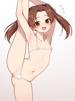 1girl :d armpits ass bikini breasts brown_eyes brown_hair curvy flat_chest girls_und_panzer gradient_background highres kadotani_anzu long_hair micro_bikini navel open_mouth partially_visible_vulva shiny_skin simple_background small_breasts smile solo split spread_legs standing standing_on_one_leg standing_split swimsuit thong thong_bikini twintails wide_hips yotubeya