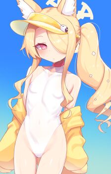 1girl animal_ear_fluff animal_ears bare_shoulders blonde_hair blue_archive blue_background breasts clothing_cutout collarbone commentary_request covered_navel cross_halo diamond_cutout dot_nose fox_ears fox_girl hair_over_one_eye halo highleg highleg_one-piece_swimsuit highres jacket jacket_partially_removed loli long_hair long_sidelocks long_sleeves looking_at_viewer navel nirato_shungiku no_eyewear no_tail off_shoulder official_alternate_costume official_alternate_hairstyle one-piece_swimsuit one_eye_covered open_clothes open_jacket parted_lips seia_(blue_archive) seia_(swimsuit)_(blue_archive) side_ponytail sidelocks simple_background sleeves_past_fingers sleeves_past_wrists small_breasts solo standing sweat swimsuit thighs very_long_hair visor_cap wet white_one-piece_swimsuit yellow_halo yellow_jacket yellow_visor