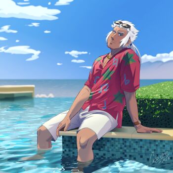 Rule 34 | 1boy, absurdres, arm support, blue eyes, blue sky, catovyen, classicaloid, closed mouth, dark-skinned male, dark skin, eyewear on head, facial hair, hawaiian shirt, highres, johann sebastian bach (classicaloid), male focus, musical note, musical note print, mustache stubble, outdoors, pectoral cleavage, pectorals, ponytail, red shirt, shirt, shorts, sky, soaking feet, sparse stubble, stubble, sunglasses, watch, white hair, white shorts, wristwatch
