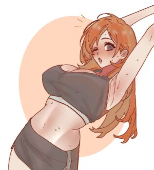 1girl armpit_crease armpits bleach breasts brown_eyes female_focus inoue_orihime large_breasts long_hair one_eye_closed orange_hair parted_lips remachne shorts simple_background sports_bra stretching sweat upper_body white_background