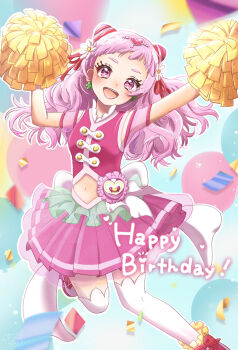 1girl :d back_bow blush bow cheerleader clover_earrings colorful_background commentary confetti cure_yell dot_nose double_bun flower footwear_bow full_body hair_bow hair_bun hair_flower hair_ornament hair_ribbon happy happy_birthday highres holding holding_pom_poms hugtto!_precure layered_skirt long_eyelashes long_hair looking_at_viewer magical_girl morisaki_oniku navel nono_hana open_mouth pink_eyes pink_hair pink_shirt pink_shoes pink_skirt pom_pom_(cheerleading) pom_poms pouch precure red_bow red_ribbon ribbon see-through_clothes see-through_skirt shirt shoes skirt sleeveless sleeveless_shirt smile solo thighhighs white_bow white_thighhighs