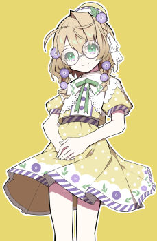 1girl braid brown_hair closed_mouth collared_shirt feet_out_of_frame floral_print floral_print_skirt flower glasses green_eyes green_ribbon grey-framed_eyewear hair_flower hair_ornament hair_over_shoulder hair_ribbon half_crown_braid hat highres hiyashinssu long_hair looking_down low_twin_braids mini_hat miniskirt neck_ribbon nijisanji outline polka_dot polka_dot_shirt polka_dot_skirt print_skirt puffy_short_sleeves puffy_sleeves purple_flower ribbon round_eyewear shirt short_sleeves simple_background single_hair_intake skirt solo standing tilted_headwear twin_braids virtual_youtuber white_outline white_ribbon yaguruma_rine yaguruma_rine_(1st_costume) yellow_background yellow_shirt yellow_skirt