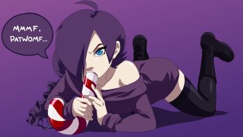 Rule 34 | all fours, blue eyes, boots, candy, candy cane, colored skin, drooling, food, highres, looking at viewer, original, purple hair, purple sweater, sexually suggestive, sweater, tagme, thighhighs, white skin, zettai ryouiki, zone-tan, zone (artist)