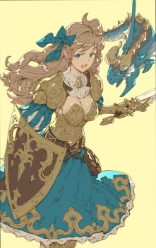 1girl :o absurdres armor ascot belt blue_bow blue_eyes blue_skirt bow breasts brown_hair cleavage dragon dress fantasy gauntlets hair_bow highres holding holding_shield holding_sword holding_weapon knight long_hair looking_at_viewer medium_breasts nrcgray original pouch shield skirt standing sword weapon white_ascot yellow_background