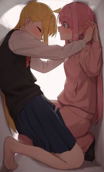 Rule 34 | 2girls, absurdres, ahoge, blonde hair, blue eyes, blue skirt, bocchi the rock!, closed eyes, commentary request, frottage, gotoh hitori, highres, ijichi nijika, jacket, legs, long hair, long sleeves, looking at another, motion lines, multiple girls, pink hair, pink jacket, pleated skirt, seisyuntarotto, shirt, side ponytail, skirt, thighs, toes, track jacket, white shirt, white sleeves, yuri