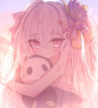 1girl absurdres azusa_(blue_archive) azusa_(swimsuit)_(blue_archive) bikini blue_archive closed_mouth commentary crossed_bangs highres long_hair looking_at_viewer moron_(miroir1120) official_alternate_costume purple_eyes skullman_(blue_archive) solo swimsuit upper_body white_hair