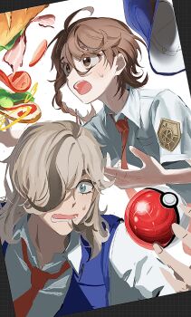 1boy 1girl arven_(pokemon) bacon blue_hat blue_vest braid bread brown_eyes brown_hair collared_shirt food hair_over_one_eye hat highres juliana_(pokemon) lettuce lower_teeth_only necktie nintendo open_clothes open_mouth open_vest orange_necktie park_0o0 poke_ball poke_ball_(basic) pokemon pokemon_sv school_uniform shirt short_sleeves sweatdrop teeth tomato tomato_slice unworn_hat unworn_headwear upper_teeth_only vest