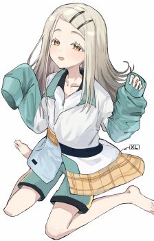 1girl :d absurdres bare_shoulders barefoot blonde_hair blush collarbone colored_eyelashes commentary_request feet full_body gakuen_idolmaster gradient_hair green_jacket green_shorts grey_hair hair_ornament hairclip hands_up highres idolmaster issei_draw jacket long_hair looking_at_viewer multicolored_hair multicolored_jacket open_mouth oversized_clothes parallel_hairclips parted_bangs shinosawa_hiro shorts simple_background sitting sleeves_past_fingers sleeves_past_wrists smile solo track_jacket track_suit wariza white_background white_jacket yellow_eyes zipper