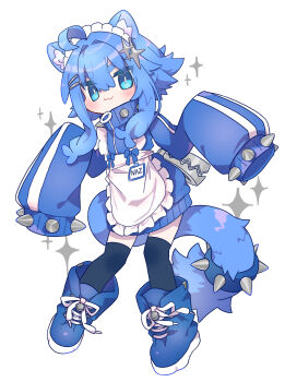 :3 ahoge animal_ear_fluff animal_ears ankle_boots apron black_thighhighs blue_dress blue_eyes blue_hair blue_shoes blue_sweater blue_tail blush boots breasts bright_pupils chibi choker collar colored_eyelashes commentary_request dress flat_chest full_body hair_intakes head_tilt highres lace-up_boots long_sidelocks maid_headdress medium_hair naz_(736) original shoes sidelocks sleeves_past_fingers sleeves_past_wrists slit_pupils spiked_choker spiked_collar spikes standing star_ornament sweater sweater_dress tail thick_eyebrows thick_eyelashes thighhighs unkempt white_apron white_background white_pupils zipper