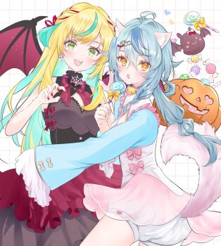2girls :o animal_costume animal_ear_fluff animal_ears aqua_hair bat_(animal) bat_wings blonde_hair blue_streaks blush bow-shaped_hair breasts candy claw_pose colored_bangs commentary diamond-shaped_pupils diamond_(shape) dress fang food green_eyes hair_ornament hairclip halloween halloween_costume highres holding holding_candy holding_food hug jack-o&#039;-lantern ku_ka_00 long_hair looking_at_viewer low_twintails multicolored_hair multiple_girls neck_ribbon nijisanji open_mouth pink_dress pink_tail popped_collar red_dress red_ribbon ribbon simple_background skirt sleeveless smile streaked_hair sweets symbol-only_commentary symbol-shaped_pupils tachitsute_toto tail tamanoi_nana twintails twisted_torso vampire_costume virtual_youtuber white_background wings wolf_costume wolf_ears wolf_girl wolf_tail