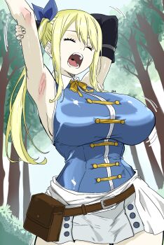 1girl armpits arms_up blonde_hair breasts closed_eyes fairy_tail female_focus highres huge_breasts iikaise long_hair lucy_heartfilia open_mouth side_ponytail sideboob skirt solo