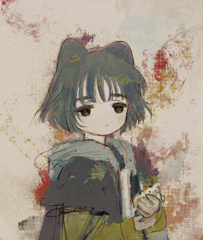 1girl animal animal_ears black_eyes cat cat_ears cat_girl ciel_(paradis47) closed_mouth commentary grey_hair highres holding holding_animal holding_cat looking_at_viewer original solo upper_body