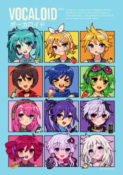Rule 34 | > <, 3boys, 6+girls, ahoge, alcohol, aseprite (medium), bad source, baguette, banana, bare shoulders, black collar, black hair, black shirt, blonde hair, blue eyes, blue necktie, blue scarf, blush, bottle, bow, bread, brown eyes, brown hair, carrot, closed mouth, collar, commentary, drill hair, eggplant, english commentary, fish, flower (vocaloid), flower (vocaloid4), food, fruit, goggles, goggles on head, green eyes, green hair, grey hair, gumi, hair between eyes, hair bow, hat, hatsune miku, headphones, headset, highres, ia (vocaloid), ice cream, jacket, kagamine len, kagamine rin, kaito (vocaloid), kamui gakupo, kasane teto, kasane teto (utau), mandarin orange, megurine luka, meiko (vocaloid), microphone, mimpish, monster energy, multicolored hair, multiple boys, multiple girls, necktie, open mouth, pink hair, pixel art, ponytail, portrait, purple hair, rabbit, red eyes, red hair, red jacket, red shirt, sailor collar, scarf, shirt, short hair, sleeveless, sleeveless shirt, spring onion, teeth, twin drills, twintails, two-tone hair, upper teeth only, utau, vocaloid, voiceroid, white bow, white hair, white hat, yuzuki yukari