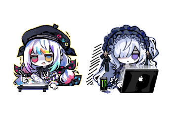 2girls beret blue_hairband bow can computer drawing_tablet drink_can energy_drink exhausted hair_over_one_eye hairband hat heterochromia jogasaki_noah laptop lolita_fashion lolita_hairband long_hair long_sleeves looking_at_viewer mahou_shoujo_no_majo_saiban monster_energy multi-tied_hair multicolored_hair multiple_girls natsume_an-an oharalove11 one_side_up open_mouth pink_eyes polka_dot polka_dot_bow purple_eyes smile streaked_hair trembling upper_body white_background white_hair yellow_eyes