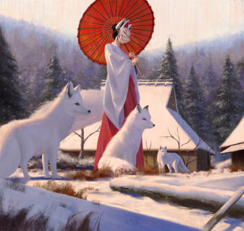 1girl animal animal_ears bare_tree black_hair building commentary_request fox fox_ears fox_mask hair_bun highres holding holding_umbrella japanese_clothes kitsune long_skirt mask miko oil-paper_umbrella original outdoors red_skirt shigeki_iwamoto skirt snow snowing solo standing tree umbrella white_fur wide_sleeves winter