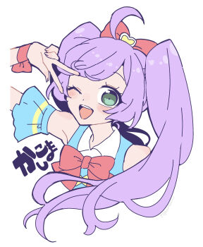 1girl ;d ahoge blush bow catchphrase commentary_request green_eyes hair_bow highres kashikoma! long_hair looking_at_viewer manaka_laala nojima_minami one_eye_closed open_mouth pink_bow pretty_series pripara purple_hair simple_background smile solo translation_request twintails upper_body v v_over_eye very_long_hair white_background