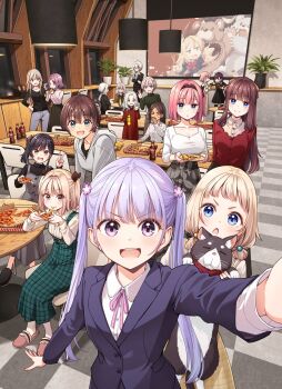 6+girls ahagon_umiko alcohol animal_ears beer beer_can black_hair black_headband black_thighhighs blonde_hair blue_eyes bottle braid braided_sidelock brown_hair business_suit can cat cat_ears chair closed_eyes closed_mouth collarbone double_bun drink_can drinking eating feet_out_of_frame female_focus food formal_clothes glasses hair_between_eyes hair_bobbles hair_bun hair_ornament hazuki_shizuku headband highres holding holding_can holding_food holding_pizza hood hoodie hoshikawa_hotaru iijima_yun indoors long_sleeves looking_at_viewer mochizuki_momiji mozuku_(new_game!) multiple_girls narumi_tsubame new_game! open_mouth pants pink_hair pizza purple_hair sakura_nene shinoda_hajime shirt short_hair slippers smile soda soda_bottle standing suit suzukaze_aoba table takimoto_hifumi teeth thighhighs tokunou_shoutarou tooyama_rin v waving white_shirt yagami_kou