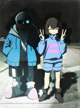 1boy 1other ^_^ absurdres ankle_boots ankle_socks aqua_eyes bare_legs black_shorts black_sky blue_jacket blue_shorts blue_sweater bob_cut boots brown_boots brown_hair chinese_commentary chromatic_aberration closed_eyes closed_mouth commentary_request denim denim_shorts double_v drawstring eyes_in_shadow facing_viewer film_grain frisk_(undertale) full_body glowing glowing_eye grey_hood hair_between_eyes hanbaobaobaozhu hands_in_pockets hands_up highres hood hood_down hooded_jacket jacket long_sleeves looking_at_viewer meme night open_clothes open_jacket outdoors photo_background pink_slippers pink_sweater puffy_long_sleeves puffy_sleeves sans_(undertale) shadow shirt short_hair shorts single_vertical_stripe skeleton sky slippers smile socks standing straight-on striped_clothes striped_sweater sweater turtleneck turtleneck_sweater two-tone_sweater undertale utdr_(toby_fox) v white_shirt white_socks why_dis_ninja_look_so_mad_(meme)