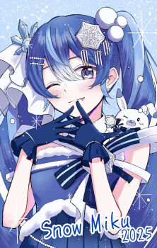 1girl 1other 2025 absurdres aco_hana aqua_hair blue_dress blue_eyes blue_gloves blue_hair blush character_name closed_mouth commentary_request crystal_hair_ornament dress ear_piercing fang gloves hair_between_eyes hair_ornament hatsune_miku highres long_hair looking_at_viewer multicolored_hair one_eye_closed piercing rabbit rabbit_yukine sleeveless sleeveless_dress smile snowflake_hair_ornament twintails upper_body very_long_hair vocaloid white_hair yuki_miku yuki_miku_(2025)