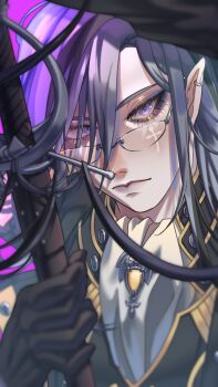 Rule 34 | 1boy, 57pan, absurdres, ascot, black gloves, black hair, black jacket, brooch, chinese commentary, commentary, cross, cross facial mark, ear piercing, english commentary, eyeshadow, facial mark, gem, glasses, gloves, grey hair, hair between eyes, highres, holding, holding sword, holding weapon, holostars, holostars english, jacket, jewelry, lips, long hair, long hair between eyes, looking at viewer, makeup, male focus, mixed-language commentary, multicolored hair, noir vesper, noir vesper (old design), piercing, pink background, pointy ears, portrait, purple eyes, purple eyeshadow, rapier, ring piercing, sheath, sheathed, sideways glance, solo, streaked hair, sword, virtual youtuber, weapon, white ascot, yellow gem