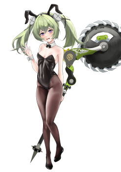 1girl absurdres animal_ear_hairband animal_ears bare_shoulders black_bow black_leotard black_pantyhose black_shoes blush bow breasts circular_saw commentary corin_wickes detached_collar fake_animal_ears green_hair hair_between_eyes hairband highleg highleg_leotard highres holding holding_saw leotard long_hair open_mouth pantyhose purple_eyes rabbit_ears saw screw_hair_ornament shoes simple_background small_breasts solo twintails white_background wrist_cuffs yukino_arts zenless_zone_zero