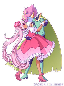 Rule 34 | 1boy, 1girl, blue gloves, blue skin, bow, cape, captain spaceboy, closed mouth, colored sclera, colored skin, commentary request, dark-skinned female, dark skin, dress, fingerless gloves, gloves, green cape, hair bow, high heels, long hair, long sleeves, looking at another, omori, open mouth, pink bow, pink dress, pink eyes, pink hair, polka dot, polka dot bow, short hair, simple background, smile, sweetheart (omori), twintails, white background, yellow sclera, zabalam inana