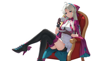 1girl absurdres ahoge blue_eyes boots bow breasts carlotta_(wuthering_waves) chinese_commentary closed_mouth commentary_request crossed_legs cup dress hair_bow has_bad_revision has_downscaled_revision high_heel_boots high_heels highres holding holding_cup jacket long_hair md5_mismatch medium_breasts multicolored_eyes parted_bangs partial_commentary pink_bow pink_jacket pink_thighhighs resolution_mismatch short_dress simple_background sitting smile solo source_smaller striped_bow teacup thigh_boots thighhighs thighhighs_under_boots thighs two-tone_eyes white_background white_dress white_hair wuthering_waves xiaoyu_yao_(htx1993601)